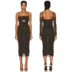 Marianna Senchina Polka Dot Ruched Midi Dress Sleeveless Cut Out Brown Black M